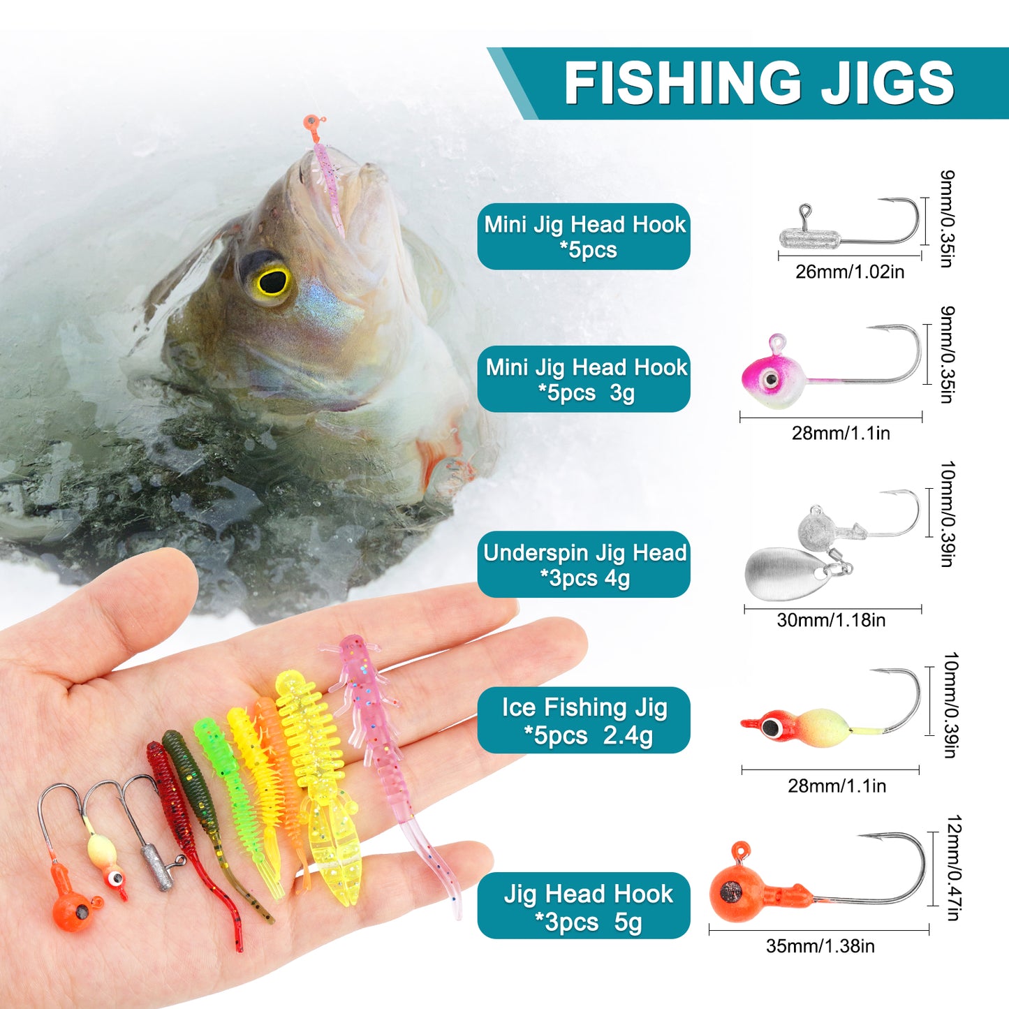 Fishing Lures Tackle Box Trout & Crappie Ice Fishing Gear Kit, Including Jig Heads,Soft Plastic baits for Panfish,Bluegill, Bass etc Freshwater Fishing Equipment